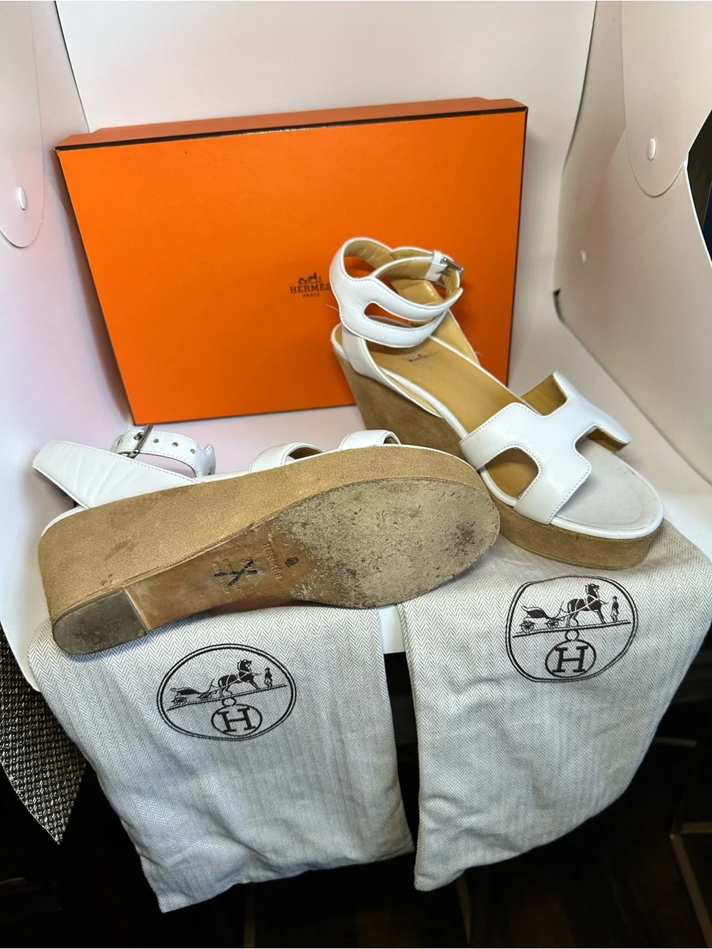 Hermes White Leather Platform Sandals